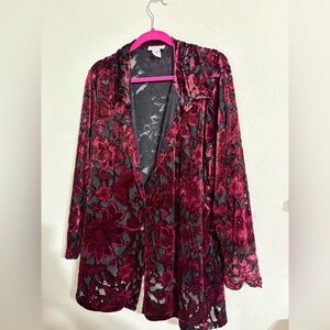 Avenue Burgundy Floral Velvet Cardigan